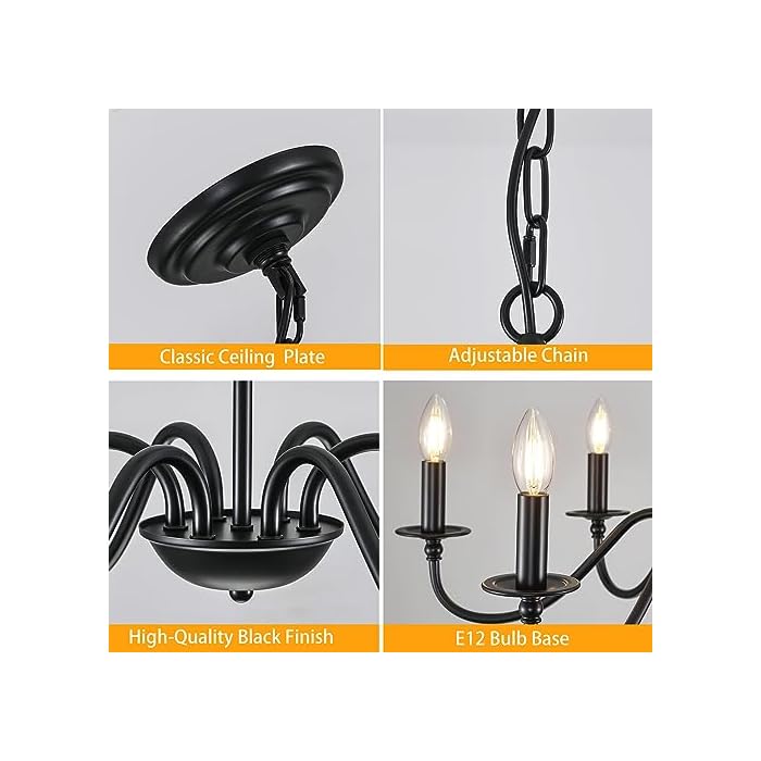 Iron Chandelier Light Fixture Vintage 6-Lights Candle Style Rustic Chandelier Retro Farmhouse Black Chandelier for Dining Room, Kitchen Island, Living Room, Bedroom, E12