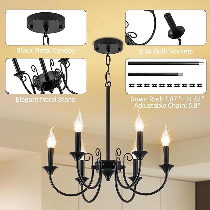 Iron Chandelier, 6-Light Black Iron Chandelier Light Fixture for Dining Room, Rustic Industrial Pendant Ceiling Light Fixture Candle Chandelier for Living Room Kitchen Island