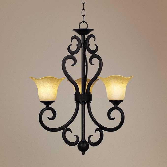 Rustic Traditional Pendant | Wrought Iron Chandelier Ceiling Light Fixture Dining Room Over Table Kitchen Island Foyer Scroll Hanging Three Light Brown Weathered Patina Finish