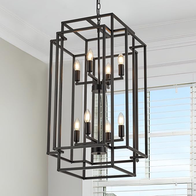 Cage type adjustable iron Chandelier | 8-Light Lantern Tiered Pendant Light Fixtures, Black Metal Farmhouse Chandelier Hall Foyer Hanging Chandelier