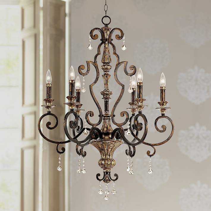 Iron Chandelier Wide Six Light Bronze Traditional Chandelier