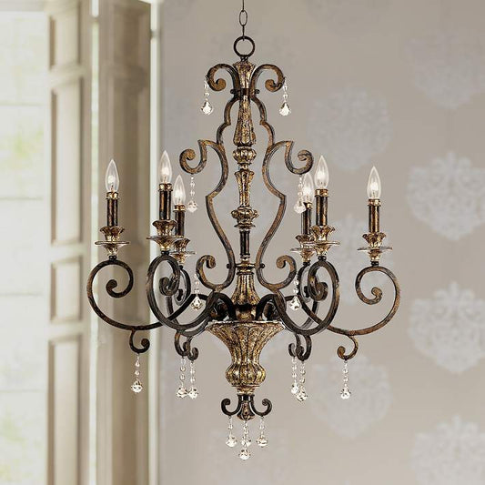 Iron Chandelier Wide Six Light Bronze Traditional Chandelier