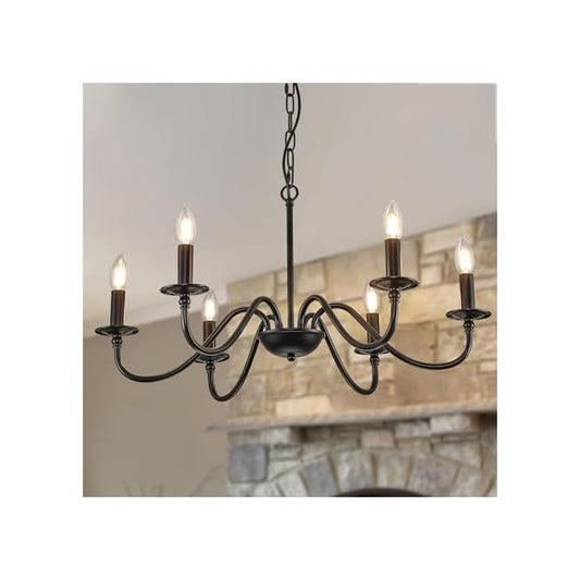 Iron Chandelier Light Fixture Vintage 6-Lights Candle Style Rustic Chandelier Retro Farmhouse Black Chandelier for Dining Room, Kitchen Island, Living Room, Bedroom, E12
