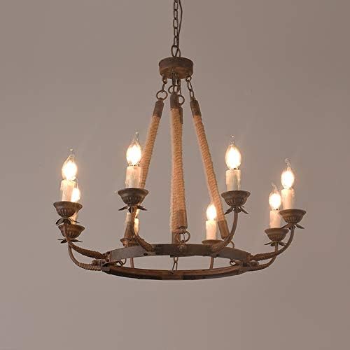 Wrought Iron Chandelier | armhouse Candle Chandeliers Vintage 8-Light Flaxen Hemp Rope Chandelier Rustic Hanging Ceiling Pendant Light Fixture