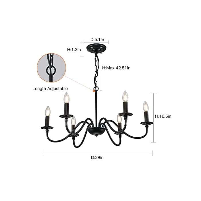 Iron Chandelier Light Fixture Vintage 6-Lights Candle Style Rustic Chandelier Retro Farmhouse Black Chandelier for Dining Room, Kitchen Island, Living Room, Bedroom, E12