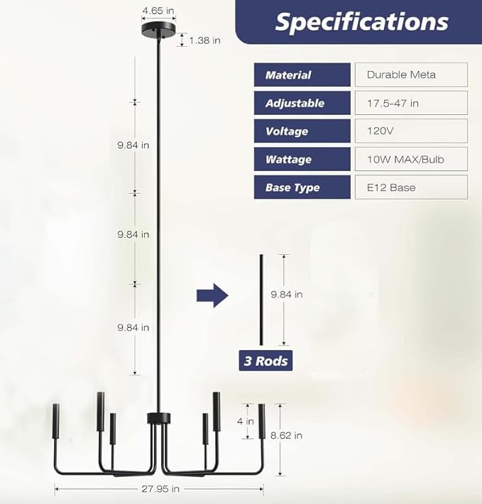 Black Chandelier, 6-Light Metal Modern Farmhouse Chandeliers for Dining Room Light Fixture, Candle Hanging Pendant Light for Kitchen, Living Room