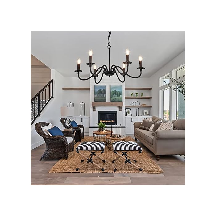 Iron Chandelier Light Fixture Vintage 6-Lights Candle Style Rustic Chandelier Retro Farmhouse Black Chandelier for Dining Room, Kitchen Island, Living Room, Bedroom, E12