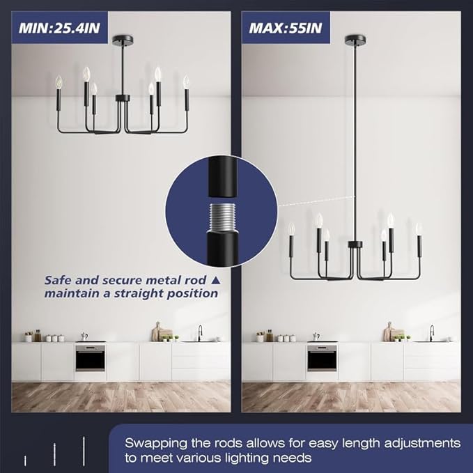 Black Chandelier, 6-Light Metal Modern Farmhouse Chandeliers for Dining Room Light Fixture, Candle Hanging Pendant Light for Kitchen, Living Room