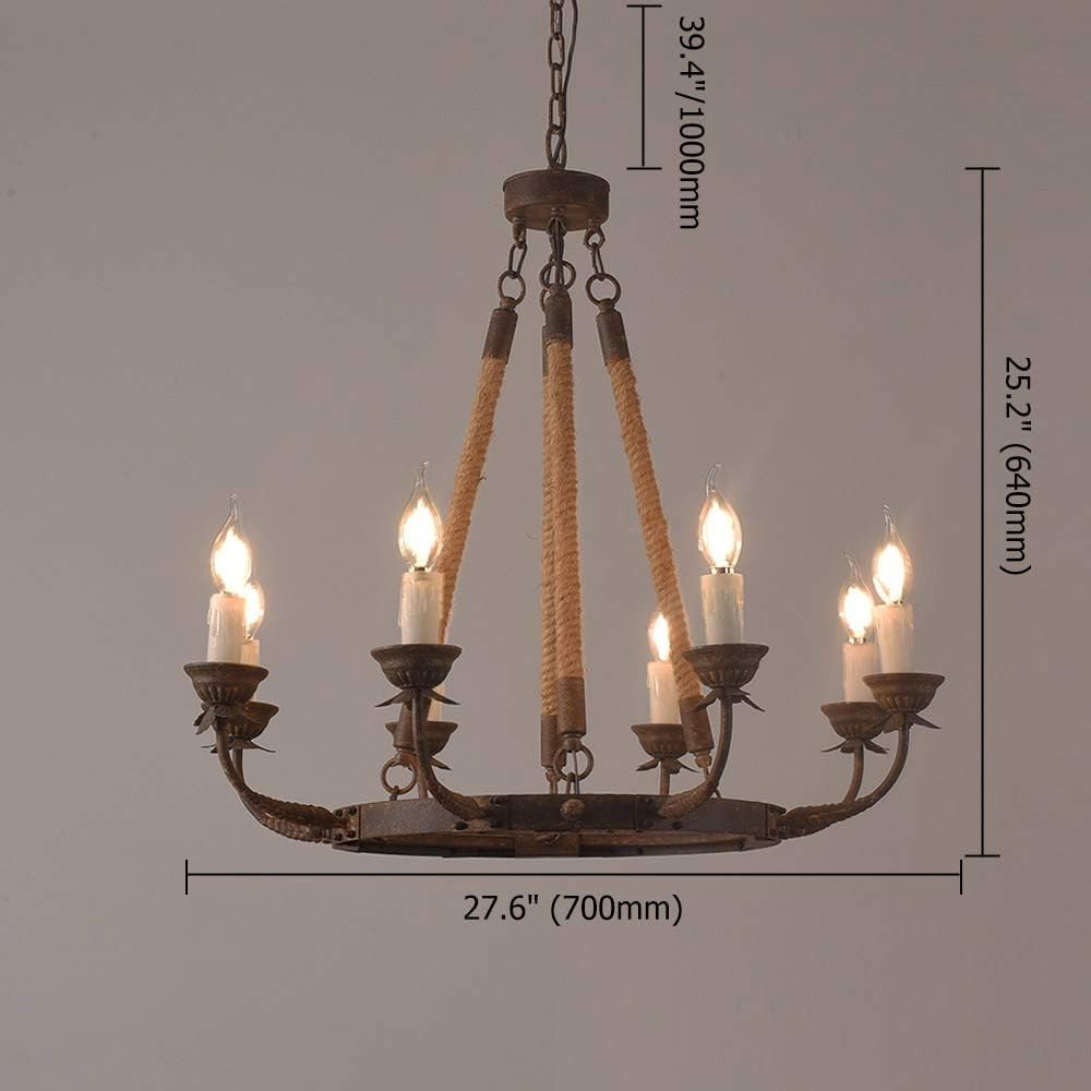 Wrought Iron Chandelier | armhouse Candle Chandeliers Vintage 8-Light Flaxen Hemp Rope Chandelier Rustic Hanging Ceiling Pendant Light Fixture