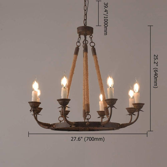Wrought Iron Chandelier | armhouse Candle Chandeliers Vintage 8-Light Flaxen Hemp Rope Chandelier Rustic Hanging Ceiling Pendant Light Fixture