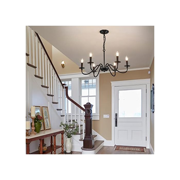 Iron Chandelier Light Fixture Vintage 6-Lights Candle Style Rustic Chandelier Retro Farmhouse Black Chandelier for Dining Room, Kitchen Island, Living Room, Bedroom, E12