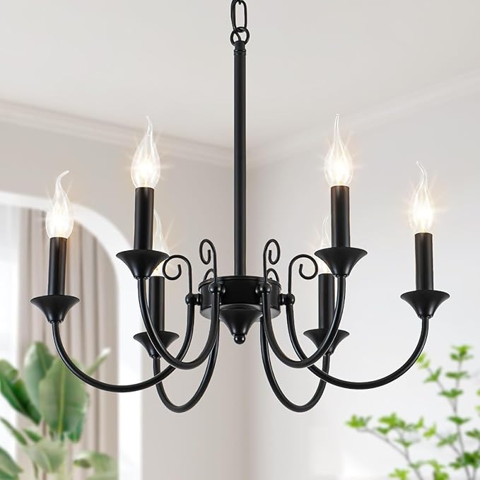 Iron Chandelier, 6-Light Black Iron Chandelier Light Fixture for Dining Room, Rustic Industrial Pendant Ceiling Light Fixture Candle Chandelier for Living Room Kitchen Island
