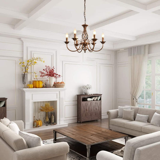 Iron Chandelier in Bronze, Rustic 6 Light Iron French Country Iron Chandelier Pendant Light Fixture, Vintage Metal Chandelier for Dining Room Kitchen Living Room