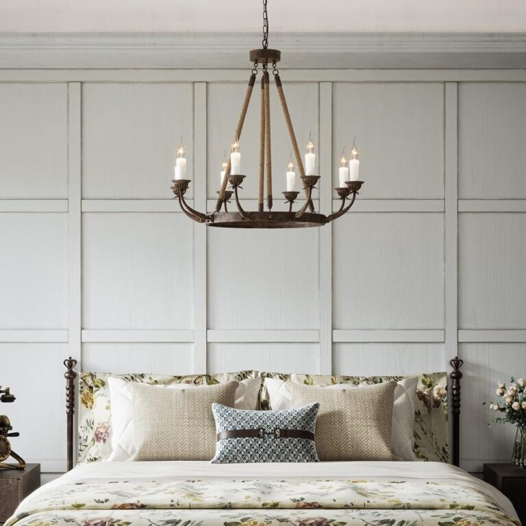 Wrought Iron Chandelier | armhouse Candle Chandeliers Vintage 8-Light Flaxen Hemp Rope Chandelier Rustic Hanging Ceiling Pendant Light Fixture