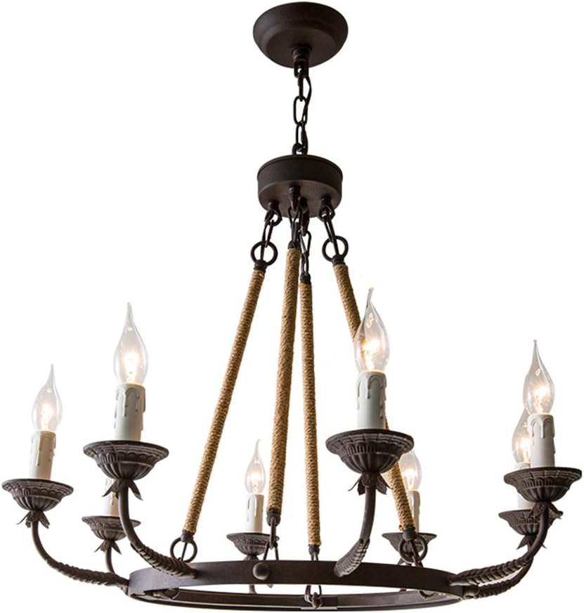 Wrought Iron Chandelier | armhouse Candle Chandeliers Vintage 8-Light Flaxen Hemp Rope Chandelier Rustic Hanging Ceiling Pendant Light Fixture