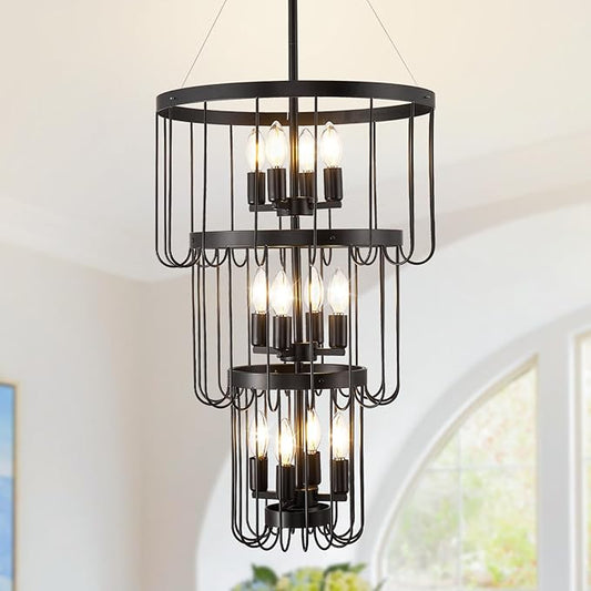 Iron Chandelier | 18 Inch Black Farmhouse Chandelier,12 Light Lantern Tiered Pendant Light Fixtures,Modern Foyer Lighting Fixtures,Round Chandeliers for Entryway,Large Chandeliers for High Ceilings,for Staircase,Entry
