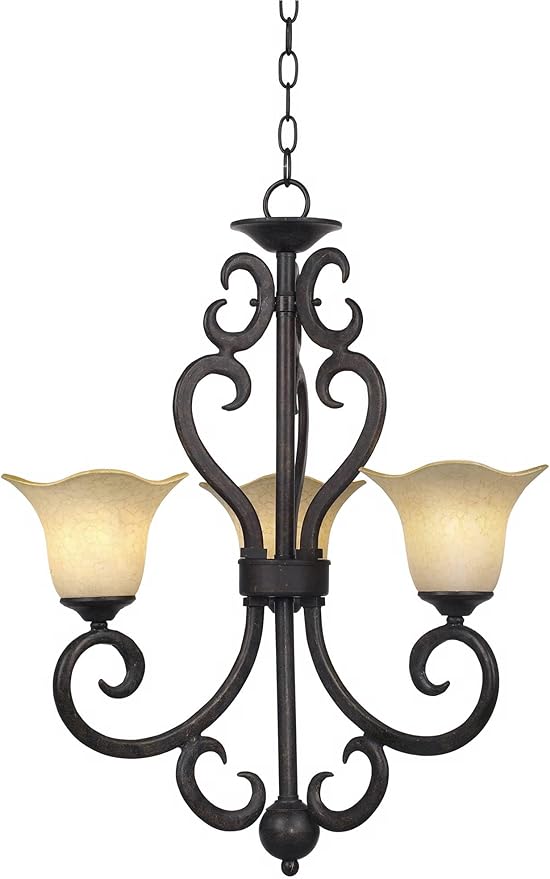 Rustic Traditional Pendant | Wrought Iron Chandelier Ceiling Light Fixture Dining Room Over Table Kitchen Island Foyer Scroll Hanging Three Light Brown Weathered Patina Finish