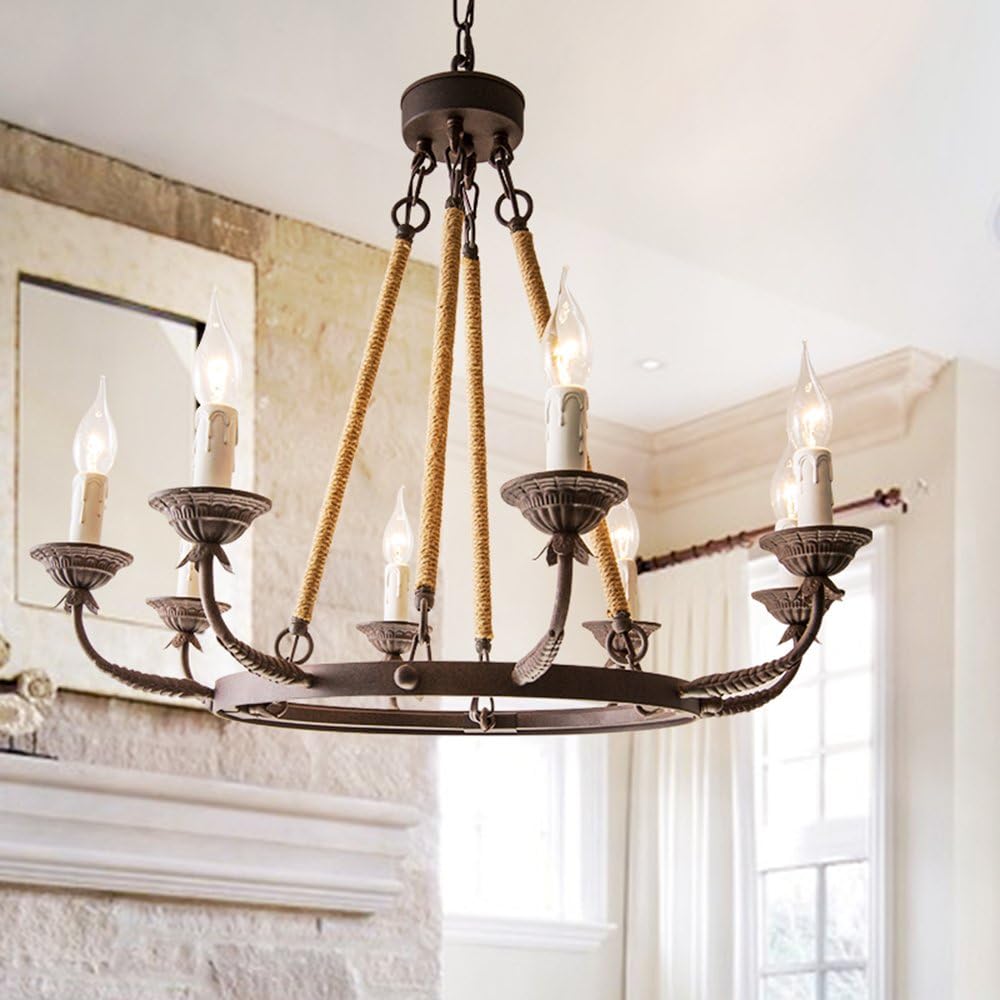Wrought Iron Chandelier | armhouse Candle Chandeliers Vintage 8-Light Flaxen Hemp Rope Chandelier Rustic Hanging Ceiling Pendant Light Fixture