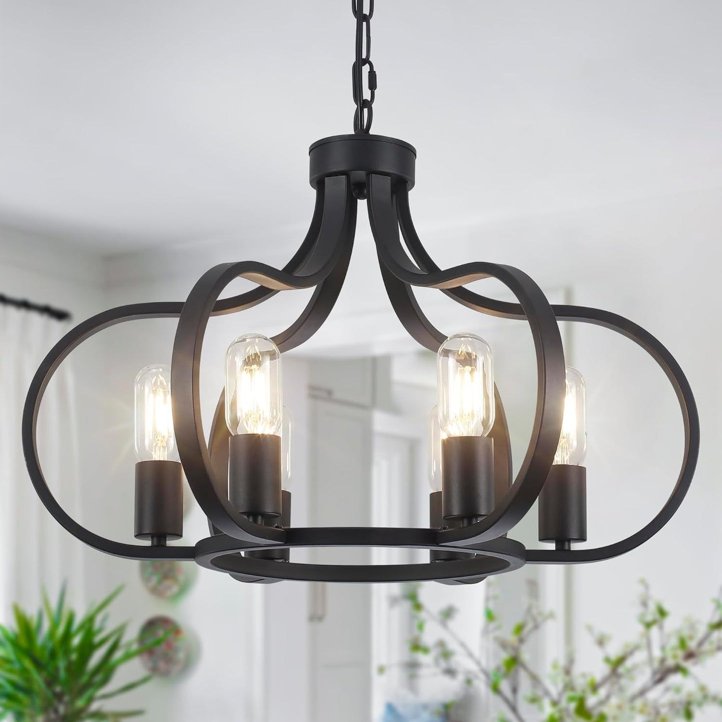 6 Lights Black Farmhouse Chandelier, Vintage Round Pendant Light Fixture, Height Adjustable Hanging Light Ceiling Light Chandelier for Dining Room Kitchen Island Foyer Hallway
