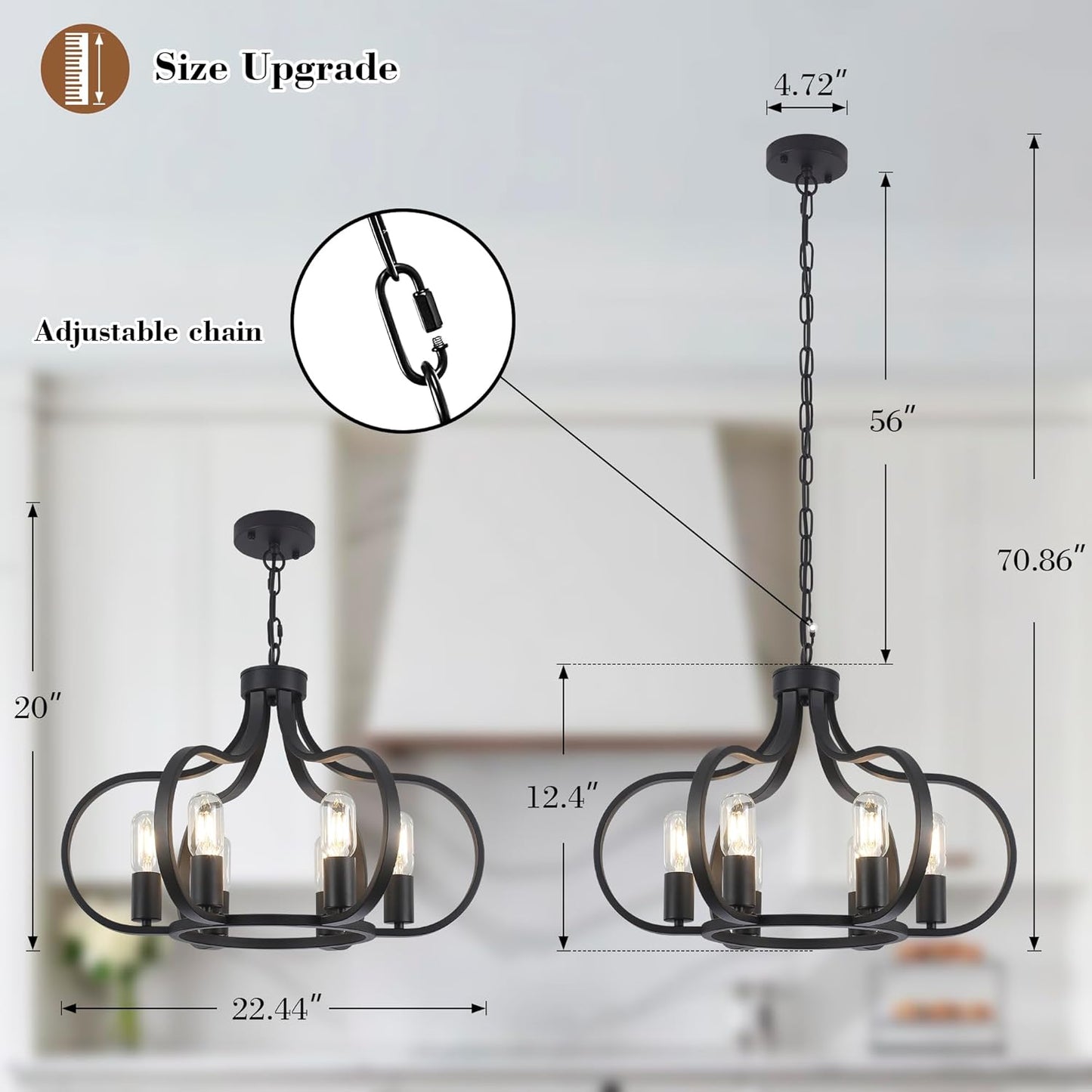 6 Lights Black Farmhouse Chandelier, Vintage Round Pendant Light Fixture, Height Adjustable Hanging Light Ceiling Light Chandelier for Dining Room Kitchen Island Foyer Hallway