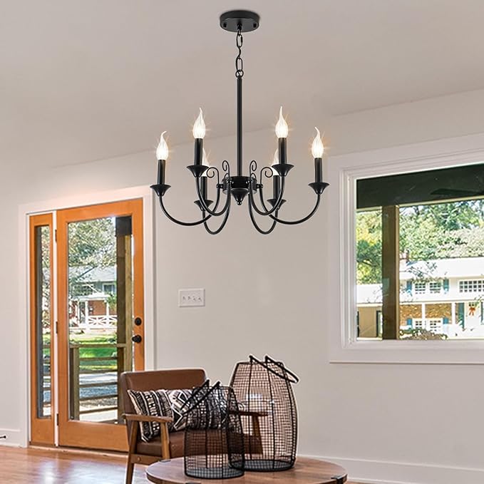 Iron Chandelier, 6-Light Black Iron Chandelier Light Fixture for Dining Room, Rustic Industrial Pendant Ceiling Light Fixture Candle Chandelier for Living Room Kitchen Island