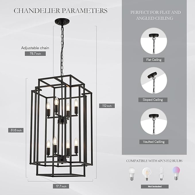 Cage type adjustable iron Chandelier | 8-Light Lantern Tiered Pendant Light Fixtures, Black Metal Farmhouse Chandelier Hall Foyer Hanging Chandelier
