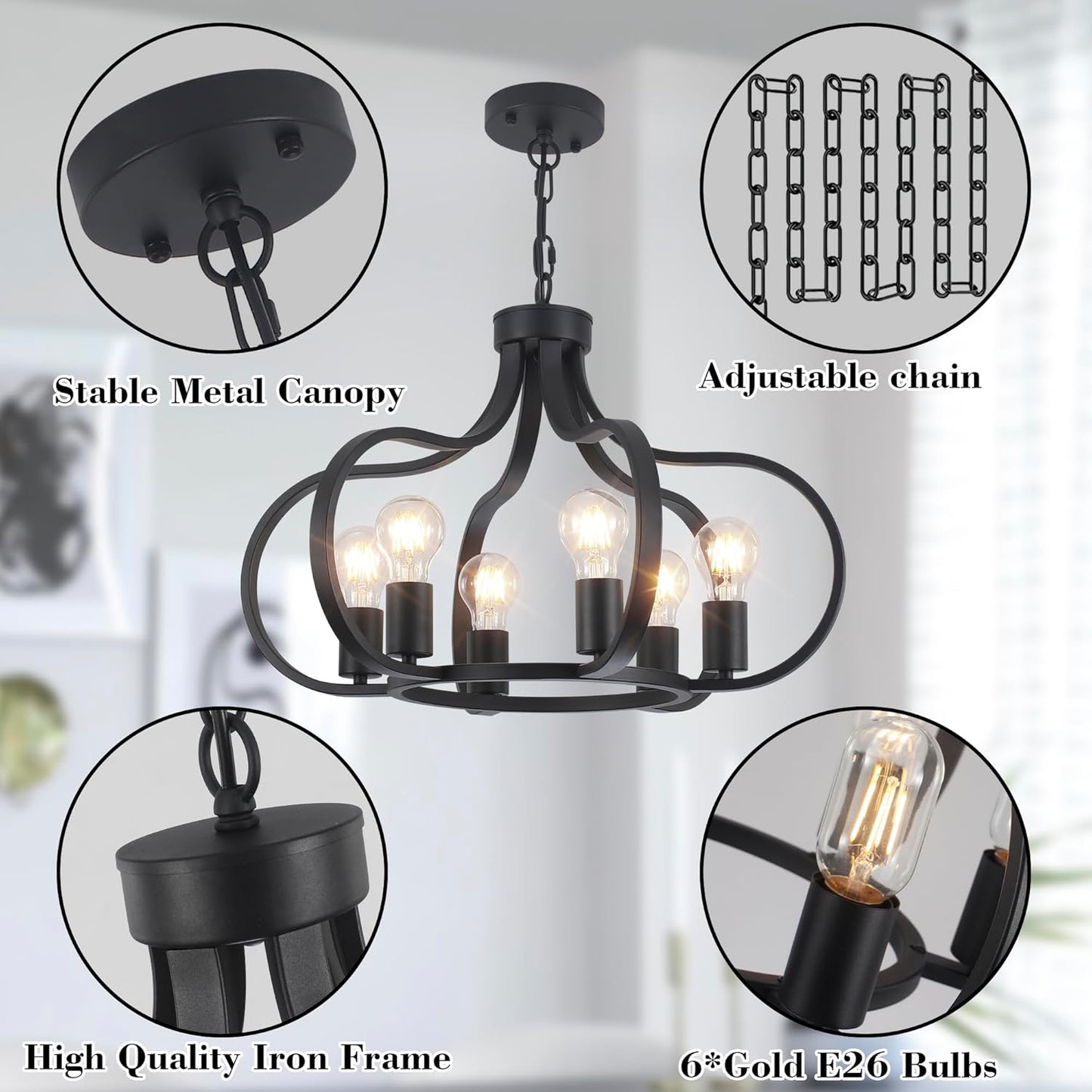 6 Lights Black Farmhouse Chandelier, Vintage Round Pendant Light Fixture, Height Adjustable Hanging Light Ceiling Light Chandelier for Dining Room Kitchen Island Foyer Hallway