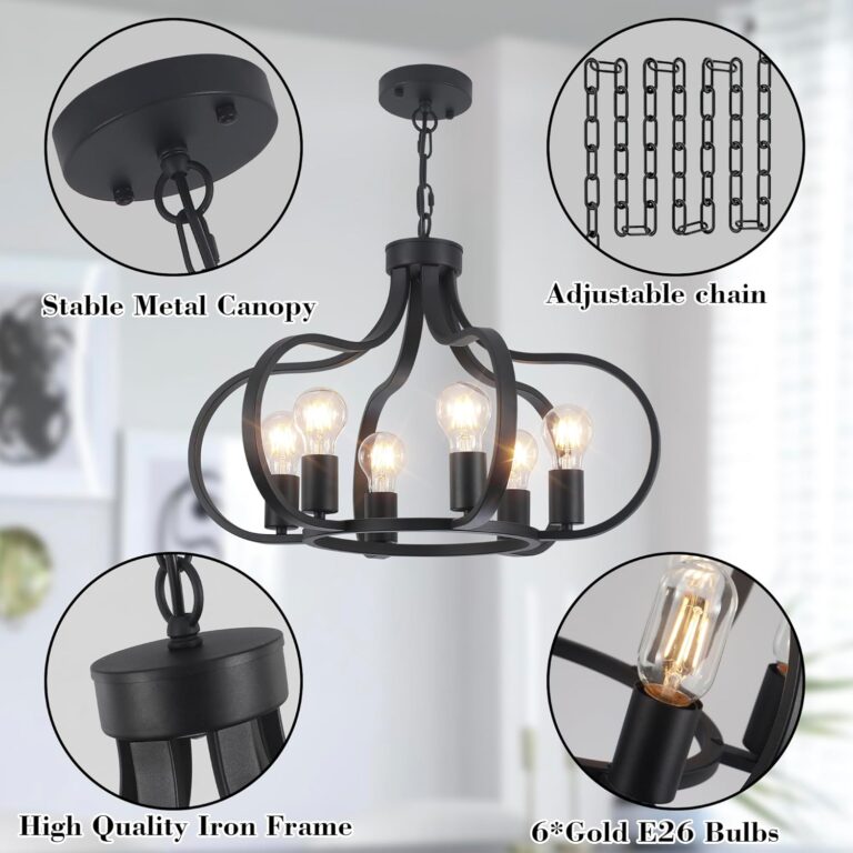 6 Lights Black Farmhouse Chandelier, Vintage Round Pendant Light Fixture, Height Adjustable Hanging Light Ceiling Light Chandelier for Dining Room Kitchen Island Foyer Hallway