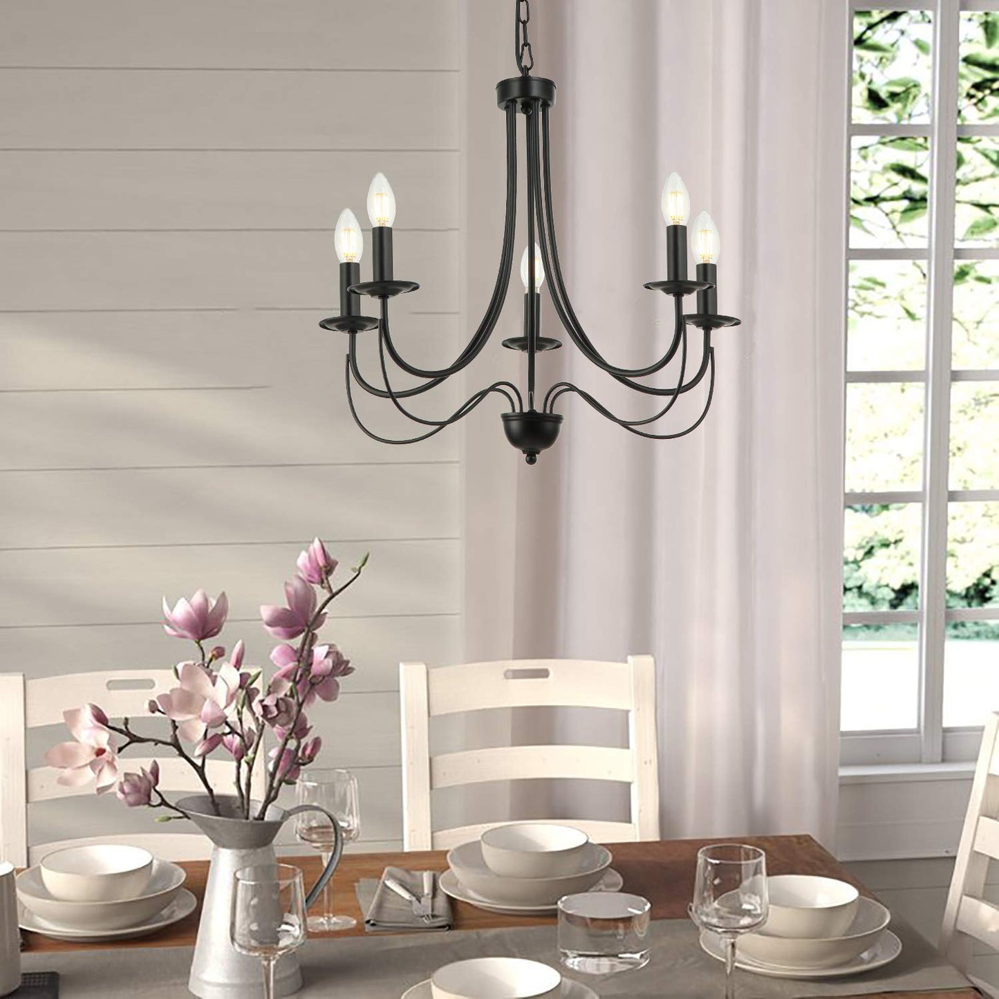 Iron Chandelier | Black Farmhouse Chandelier Rustic French Country Chandelier 5-Light Metal Candle Chandelier Light Fixture for Dining,Living Room,Foyer,Bedroom,Kitchen Island 23.6 Inches