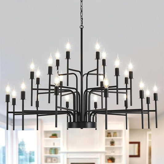 Iron Chandelier 24 Light Large Black Chandeliers for Dining Room Light Fixture, Round Iron Chandelier 3-Tier 41”for High Ceilings Foyer Living Room Entryway Hallway, E12