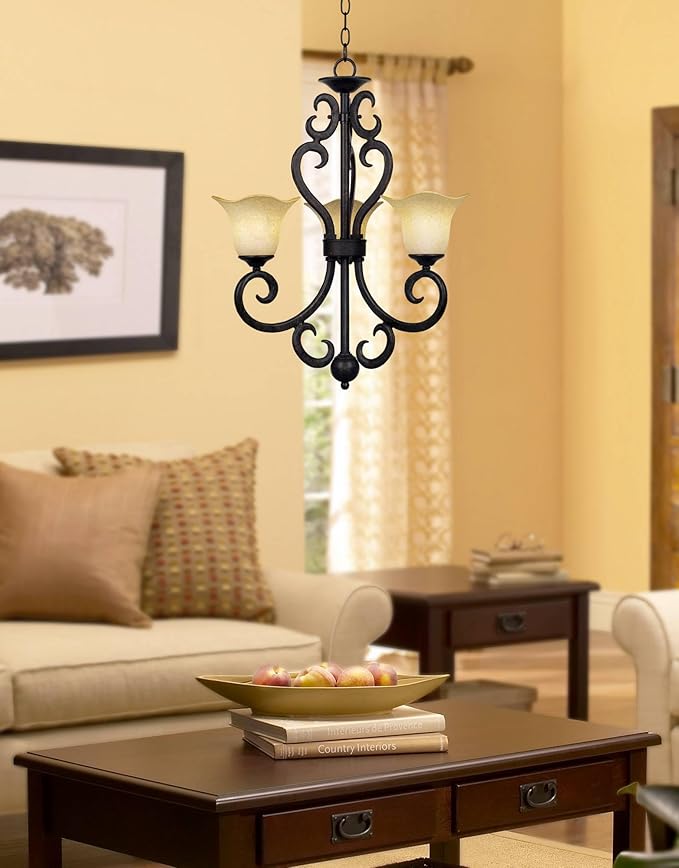 Rustic Traditional Pendant | Wrought Iron Chandelier Ceiling Light Fixture Dining Room Over Table Kitchen Island Foyer Scroll Hanging Three Light Brown Weathered Patina Finish