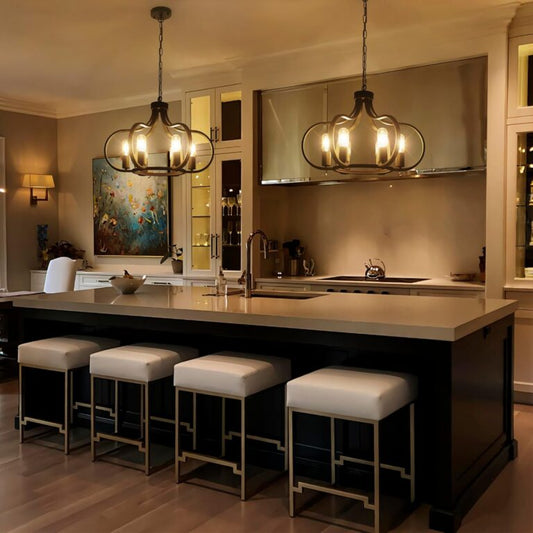 6 Lights Black Farmhouse Chandelier, Vintage Round Pendant Light Fixture, Height Adjustable Hanging Light Ceiling Light Chandelier for Dining Room Kitchen Island Foyer Hallway