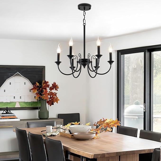 Iron Chandelier, 6-Light Black Iron Chandelier Light Fixture for Dining Room, Rustic Industrial Pendant Ceiling Light Fixture Candle Chandelier for Living Room Kitchen Island