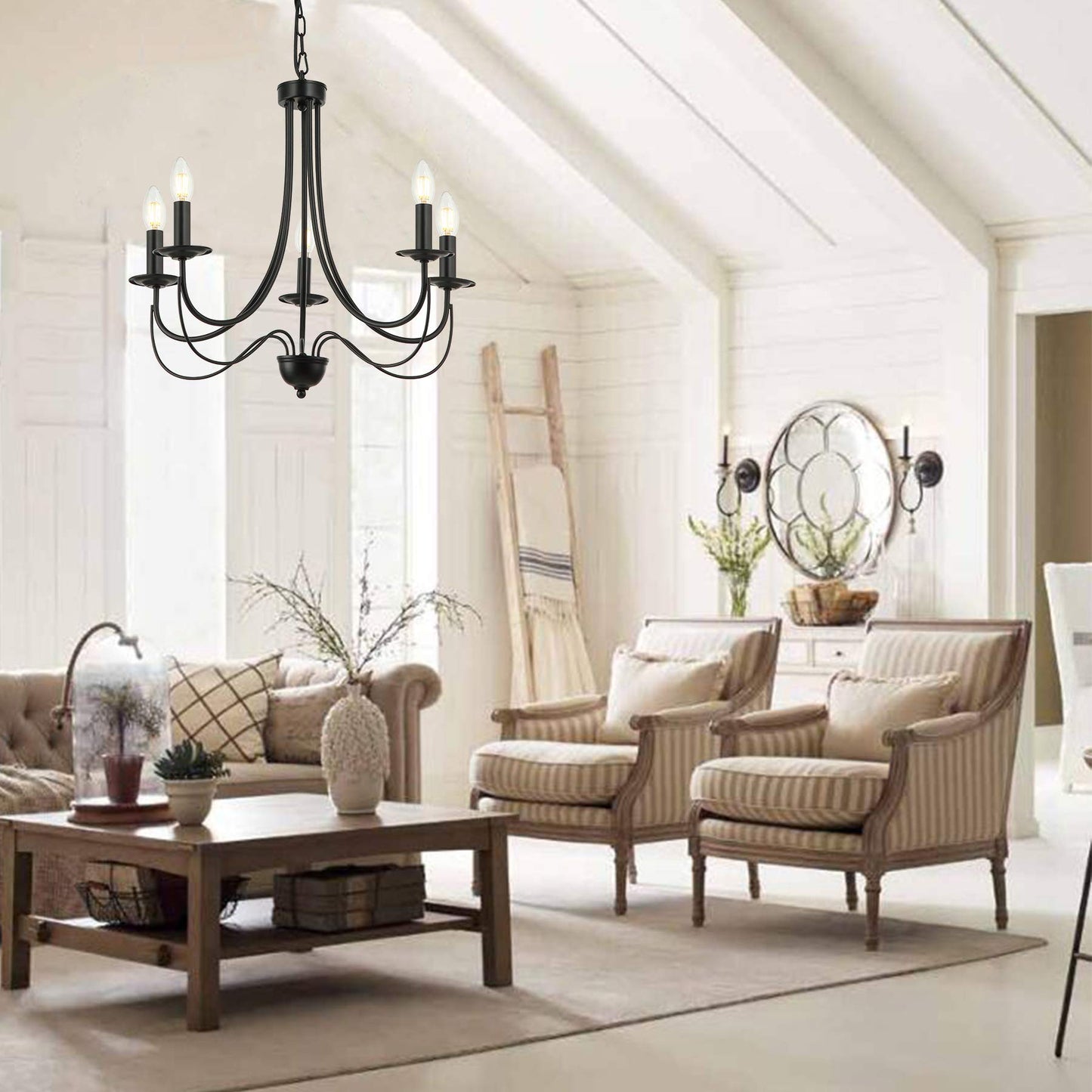 Iron Chandelier | Black Farmhouse Chandelier Rustic French Country Chandelier 5-Light Metal Candle Chandelier Light Fixture for Dining,Living Room,Foyer,Bedroom,Kitchen Island 23.6 Inches