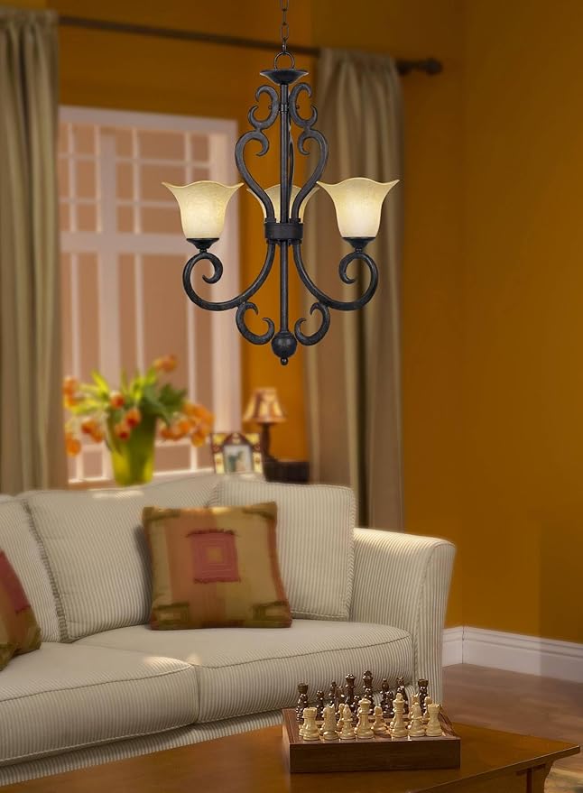 Rustic Traditional Pendant | Wrought Iron Chandelier Ceiling Light Fixture Dining Room Over Table Kitchen Island Foyer Scroll Hanging Three Light Brown Weathered Patina Finish