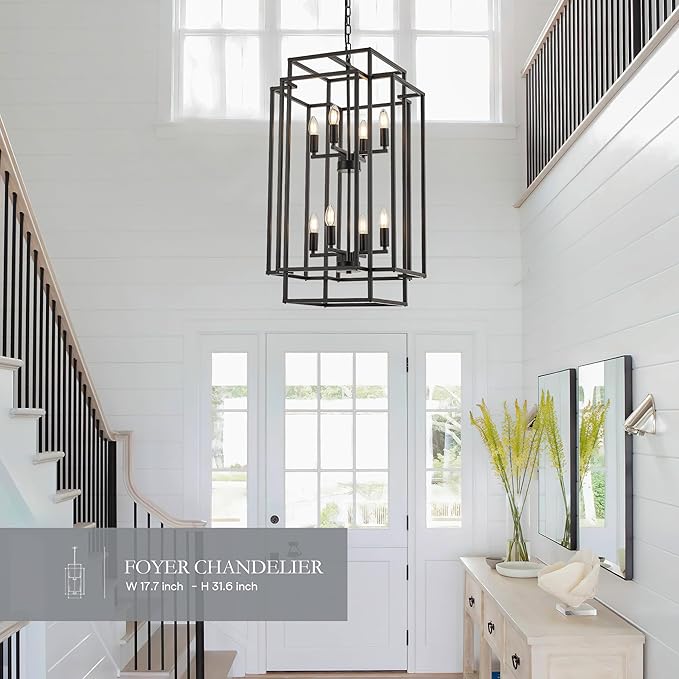Cage type adjustable iron Chandelier | 8-Light Lantern Tiered Pendant Light Fixtures, Black Metal Farmhouse Chandelier Hall Foyer Hanging Chandelier