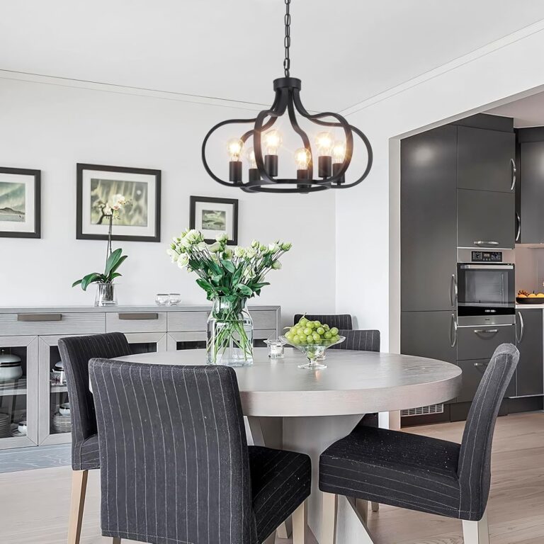 6 Lights Black Farmhouse Chandelier, Vintage Round Pendant Light Fixture, Height Adjustable Hanging Light Ceiling Light Chandelier for Dining Room Kitchen Island Foyer Hallway