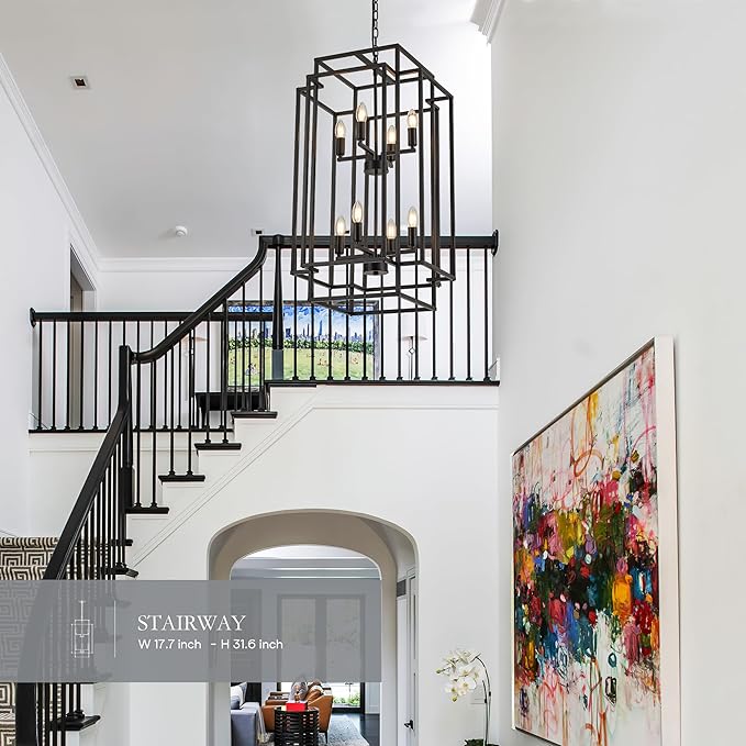 Cage type adjustable iron Chandelier | 8-Light Lantern Tiered Pendant Light Fixtures, Black Metal Farmhouse Chandelier Hall Foyer Hanging Chandelier